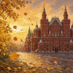 Здание Исторического музея на Красной площади осенью, золотые берёзы и жёлтая листва
