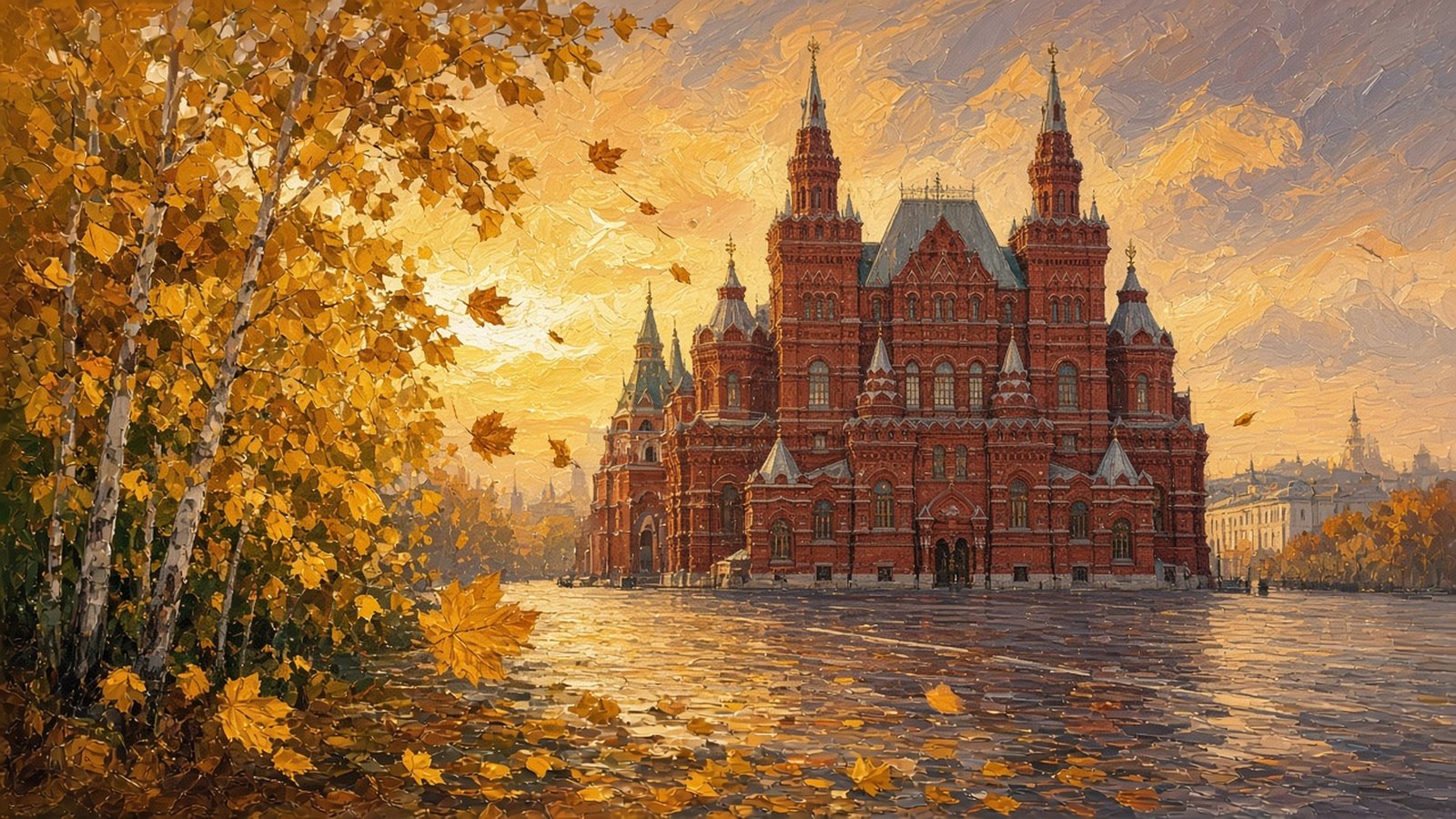 Здание Исторического музея на Красной площади осенью, золотые берёзы и жёлтая листва