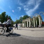 Аллея парка Сокольники весной, деревья с молодой листвой и пешеходная дорожка