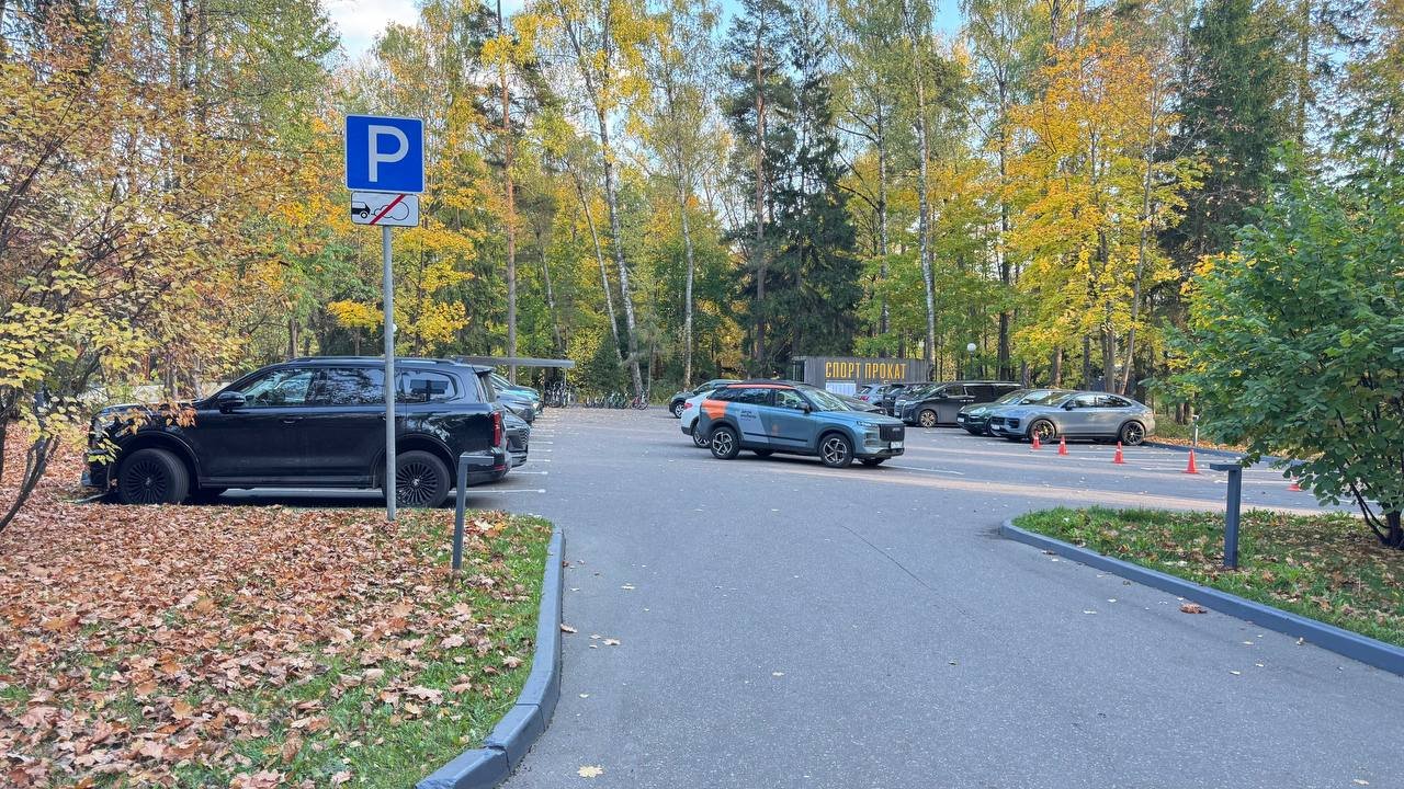 Осенняя парковка у леса с синим знаком P и контейнером «Спорт Прокат» в Переделкине