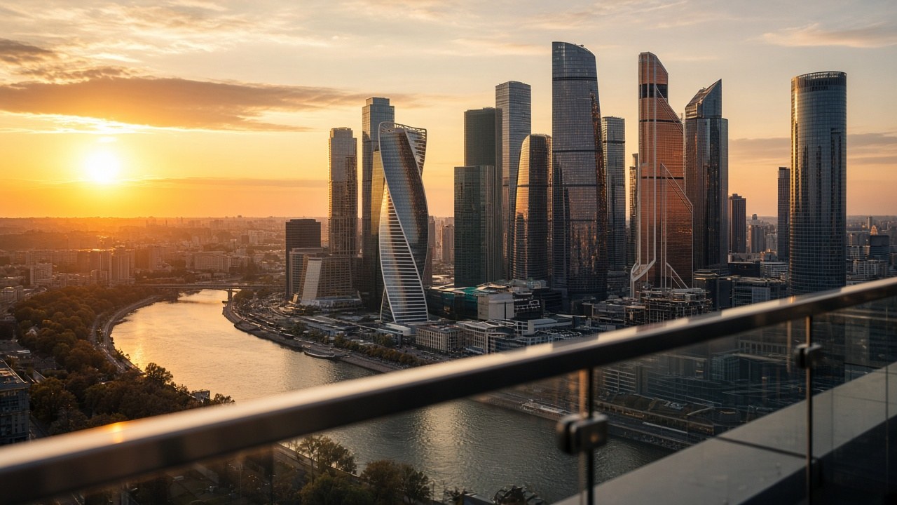 Закат над небоскрёбами Москва-Сити с открытой смотровой площадки, внизу Москва-река