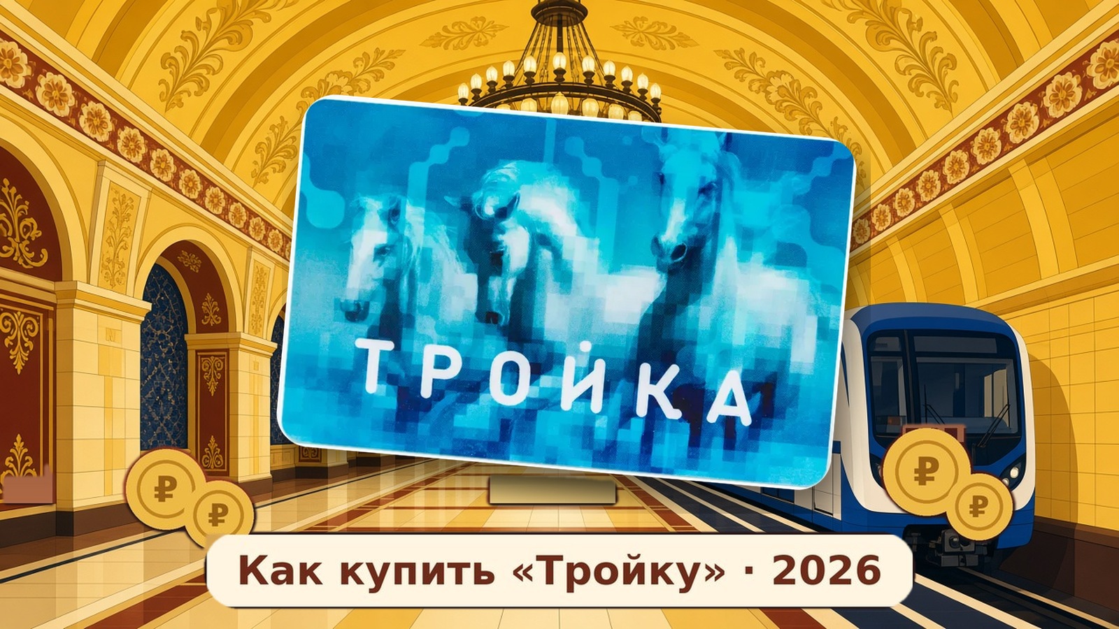 Карта «Тройка» на фоне станции московского метро с поездом
